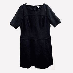 ANN TAYLOR Black Knee Length Pencil Dress w Round Neck Short Sleeve Stretch NWT